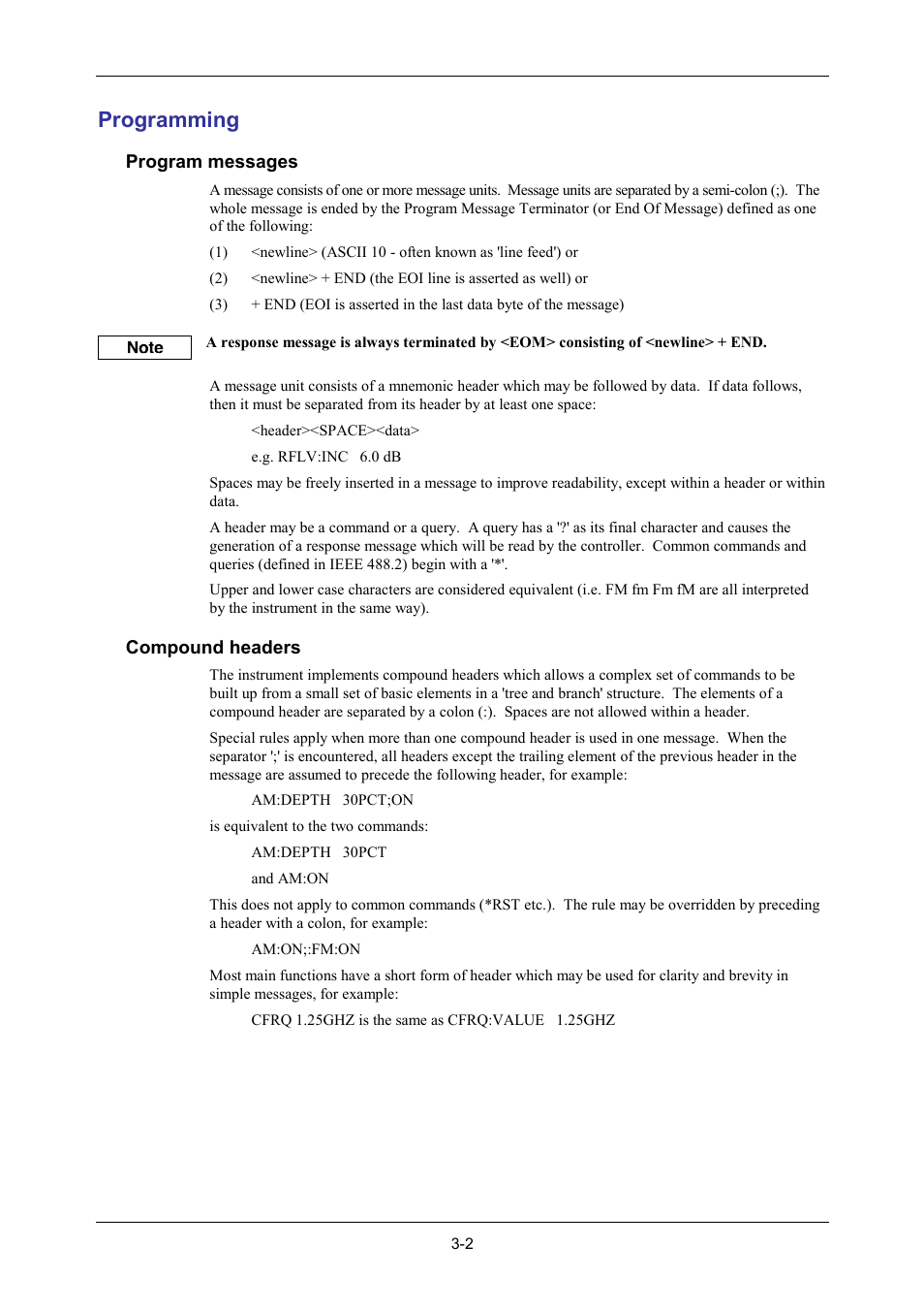 Programming, Program messages, Compound headers | VXI 3002 User Manual | Page 32 / 136