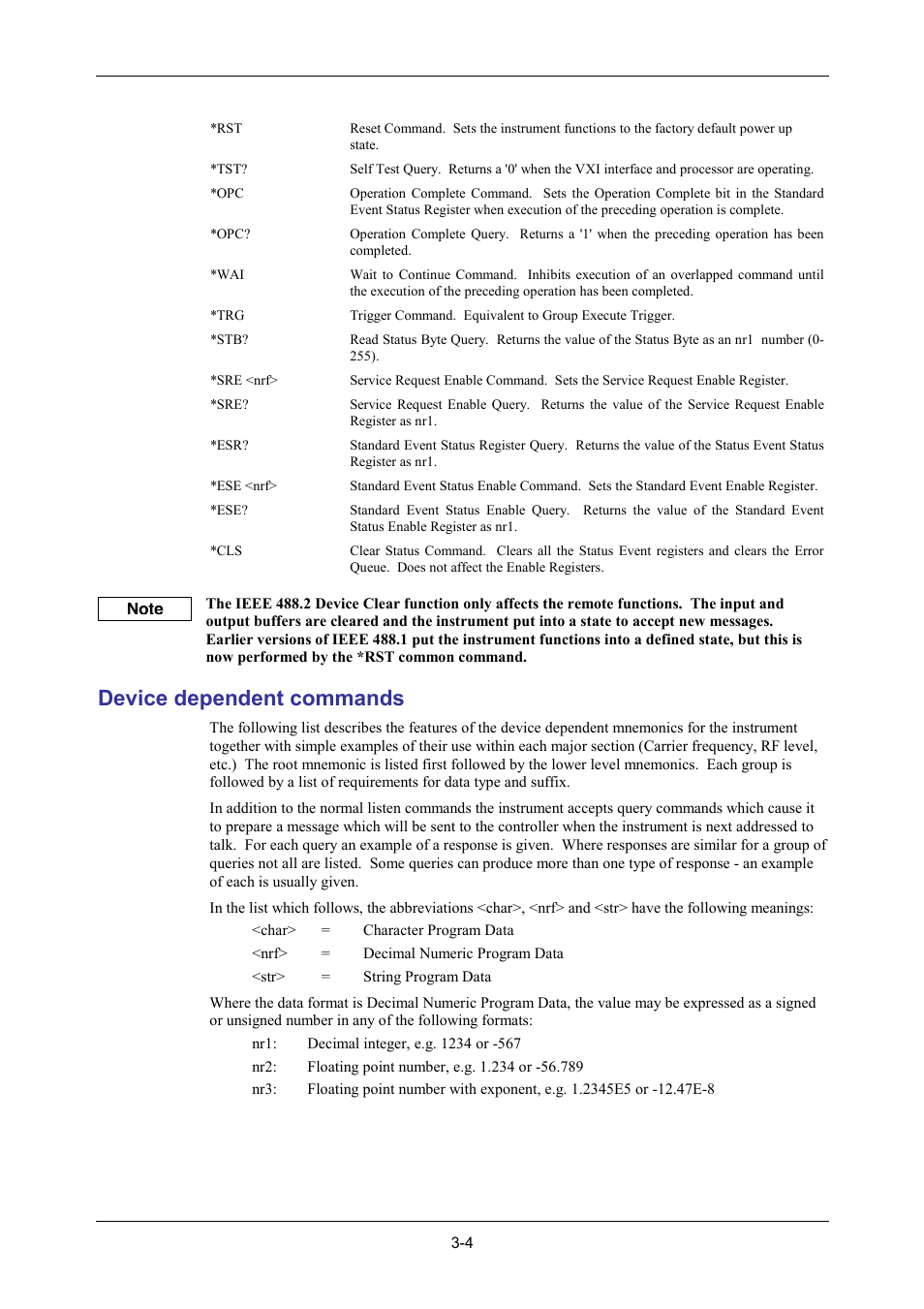 Device dependent commands | VXI 3002 User Manual | Page 34 / 136