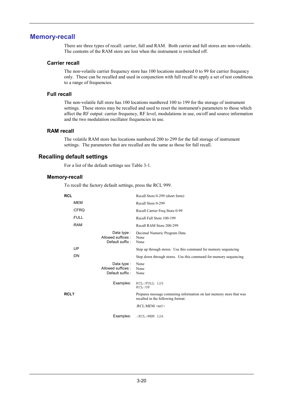 Memory-recall, Recalling default settings, Carrier recall | Full recall, Ram recall | VXI 3002 User Manual | Page 50 / 136