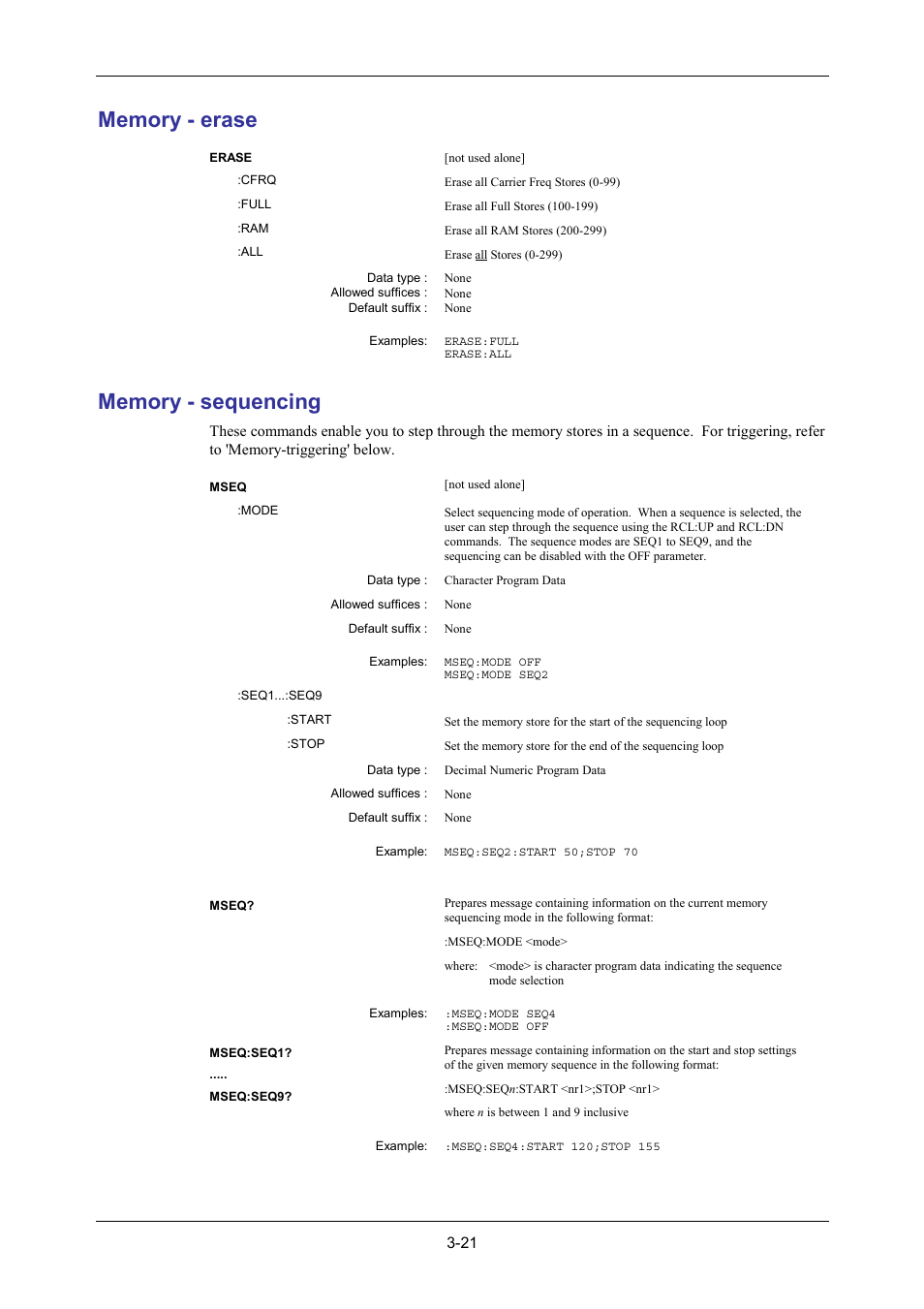 Memory - erase, Memory - sequencing | VXI 3002 User Manual | Page 51 / 136
