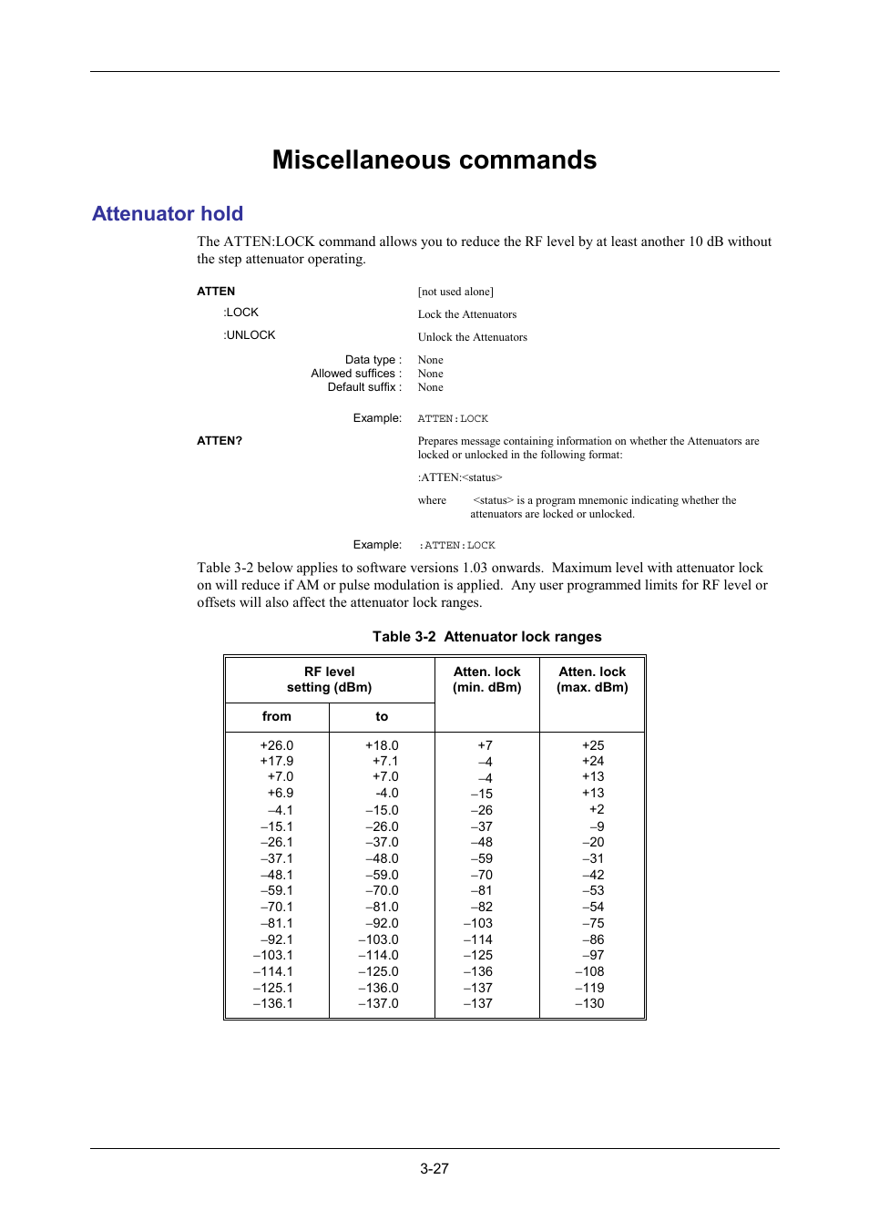 Attenuator hold, Miscellaneous commands | VXI 3002 User Manual | Page 57 / 136