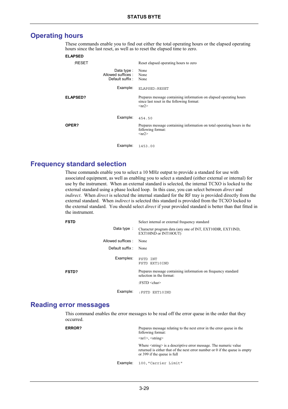 Operating hours, Frequency standard selection, Reading error messages | VXI 3002 User Manual | Page 59 / 136