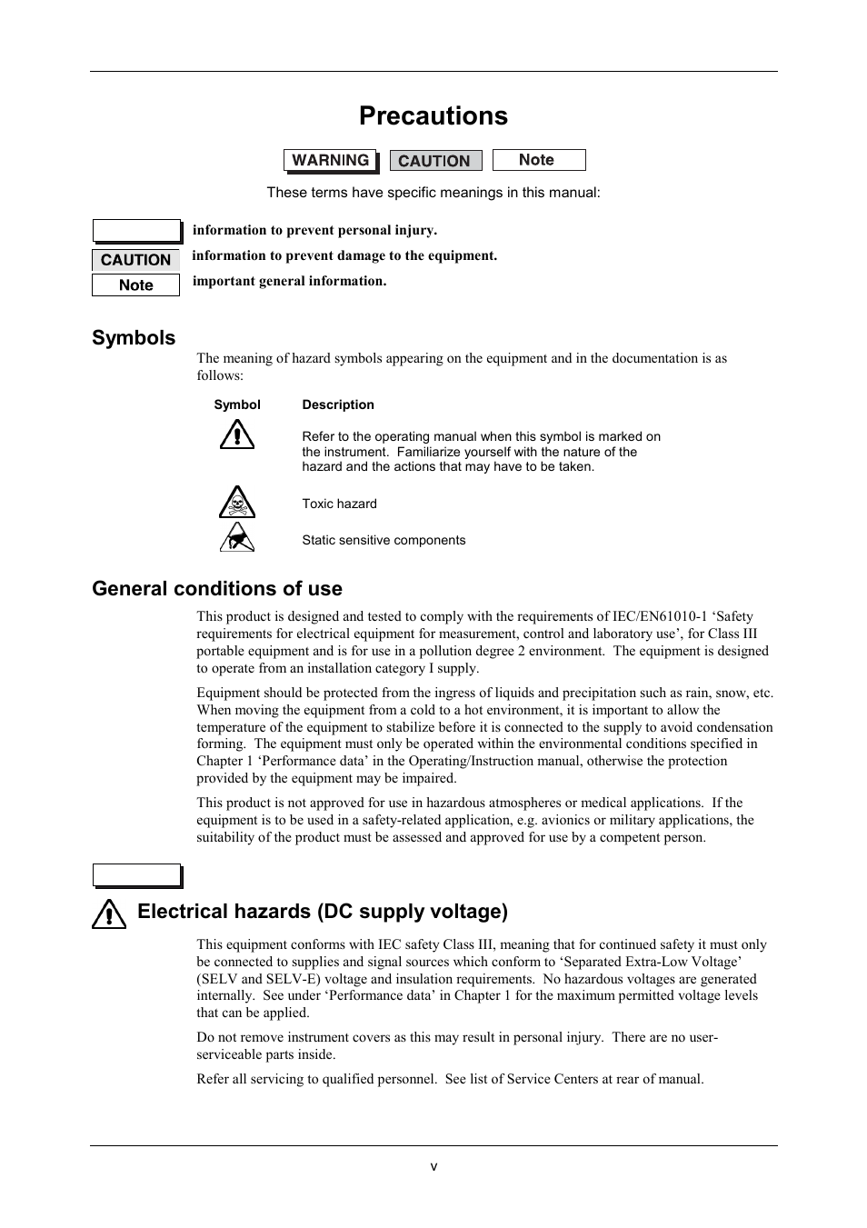 Safety precautions, Precautions, Symbols | General conditions of use, Electrical hazards (dc supply voltage) | VXI 3002 User Manual | Page 6 / 136