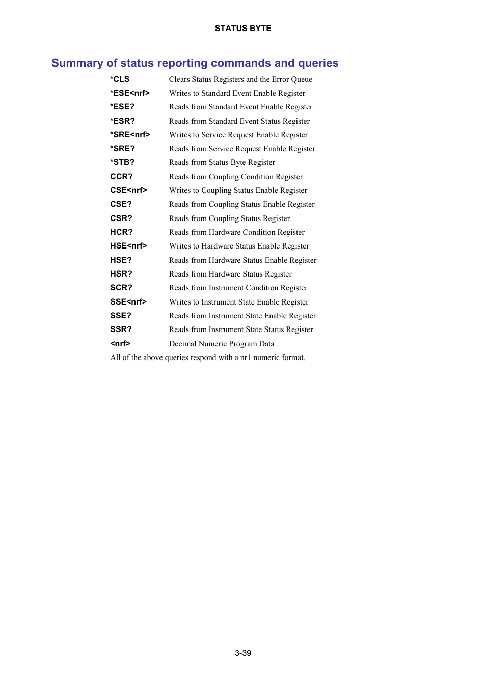 Summary of status reporting commands and queries | VXI 3002 User Manual | Page 69 / 136