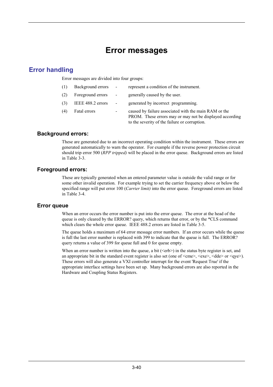 Error handling, Background errors, Foreground errors | Error queue, Error messages | VXI 3002 User Manual | Page 70 / 136