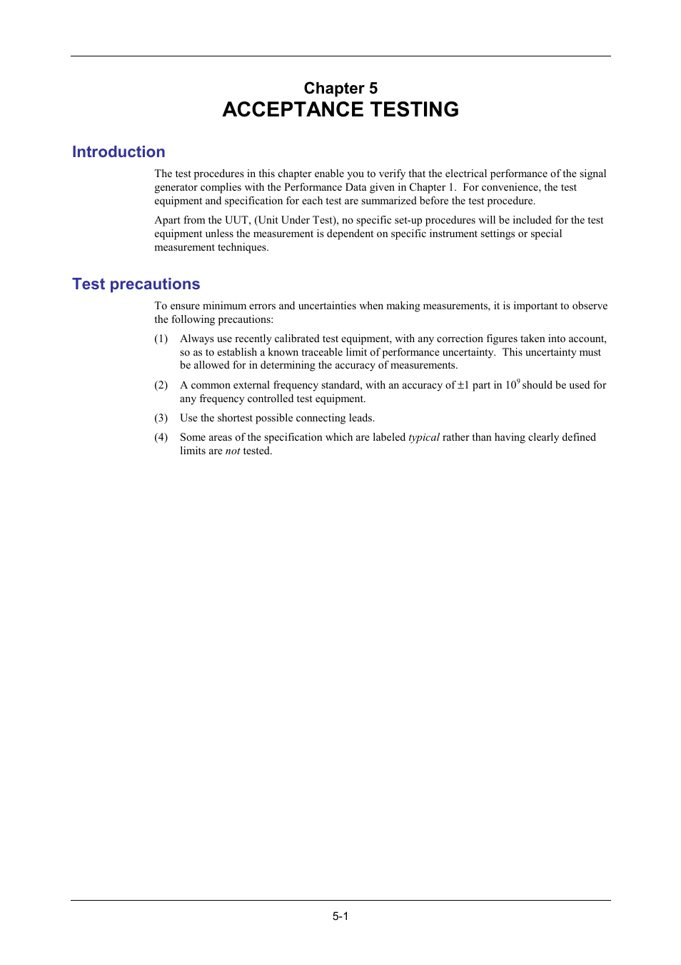 Acceptance testing, Introduction, Test precautions | Chapter 5 | VXI 3002 User Manual | Page 76 / 136