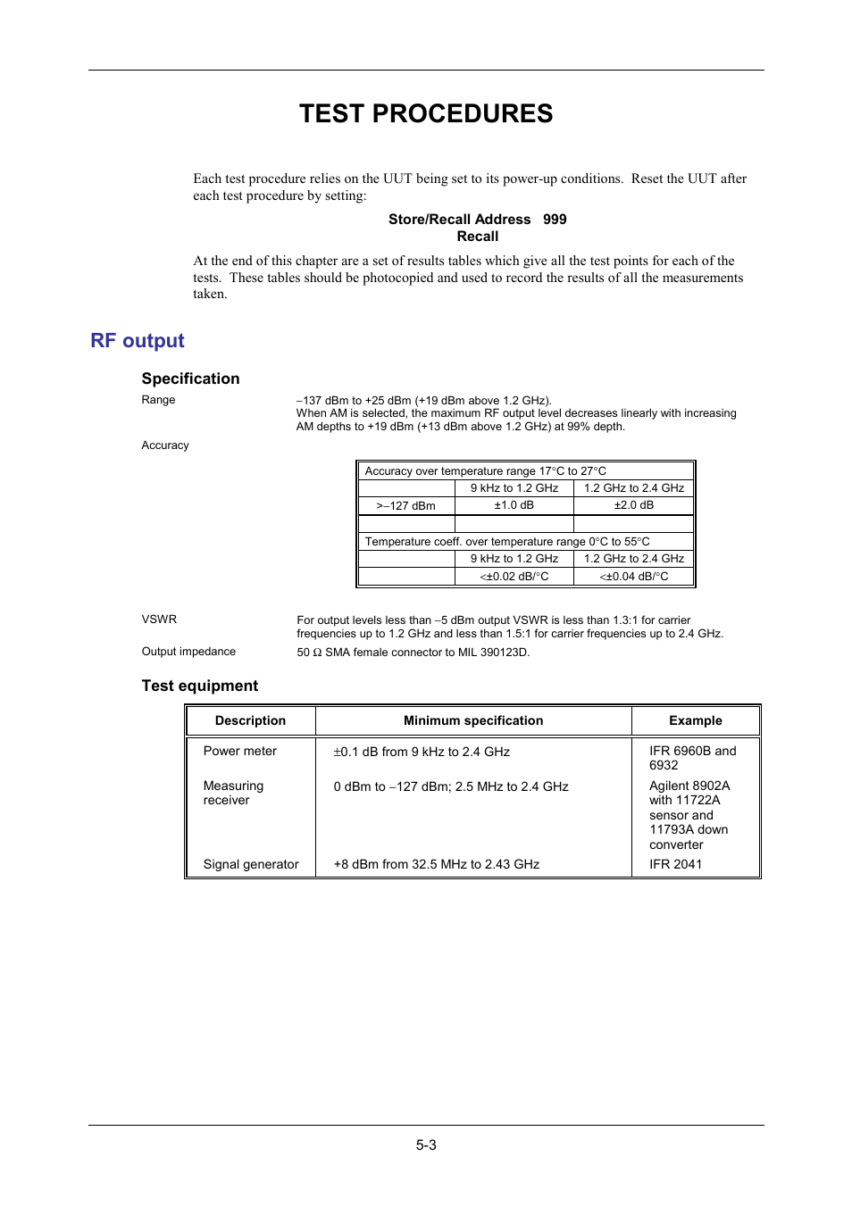 Rf output, Test procedures, Specification | Test equipment | VXI 3002 User Manual | Page 78 / 136
