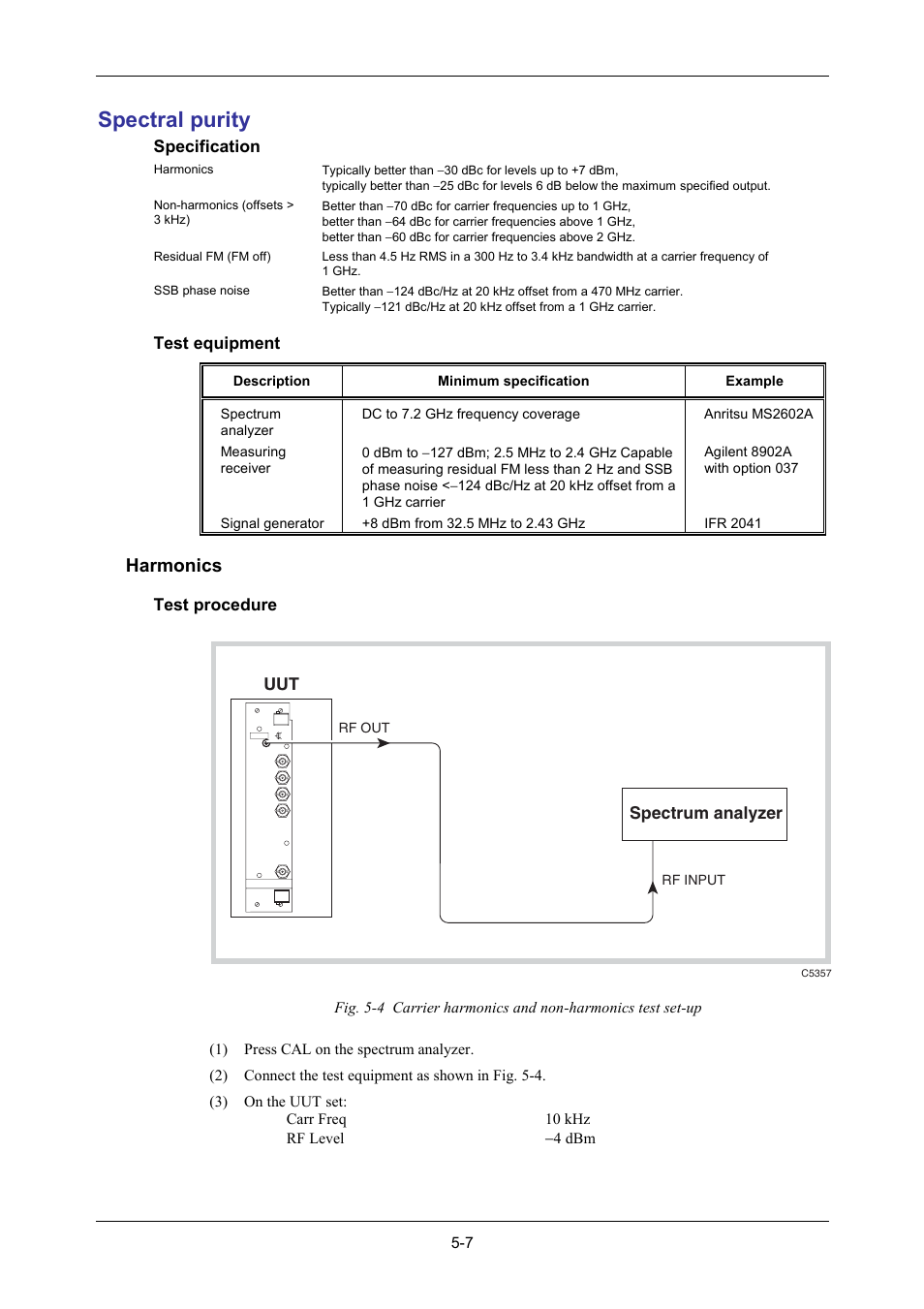 Spectral purity, Harmonics | VXI 3002 User Manual | Page 82 / 136