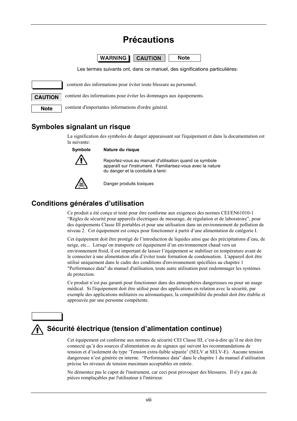 Précautions, Symboles signalant un risque, Conditions générales d’utilisation | VXI 3002 User Manual | Page 9 / 136