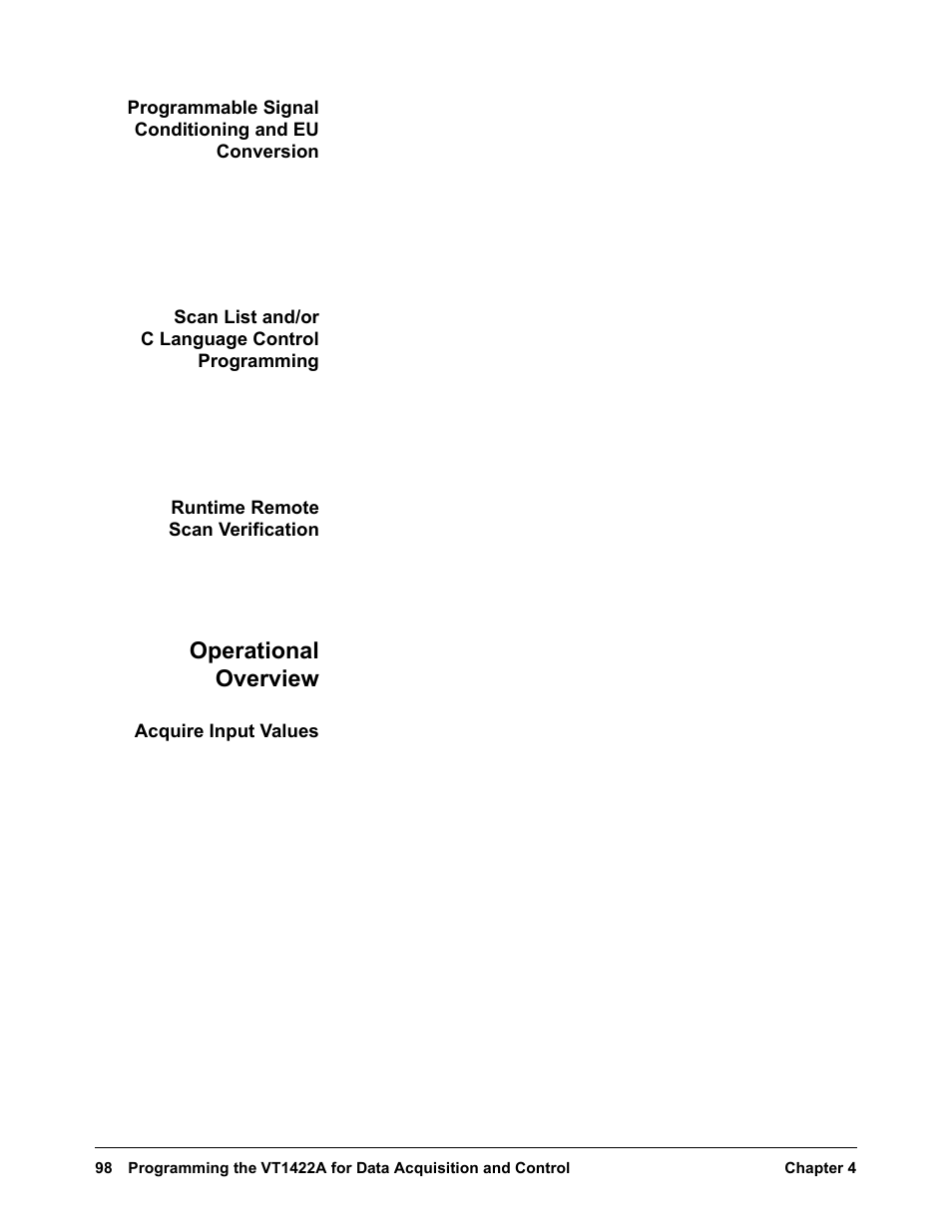 Programmable signal conditioning and eu conversion, Scan list and/or c language control programming, Runtime remote scan verification | Operational overview, Acquire input values | VXI VT1422A User Manual | Page 100 / 529