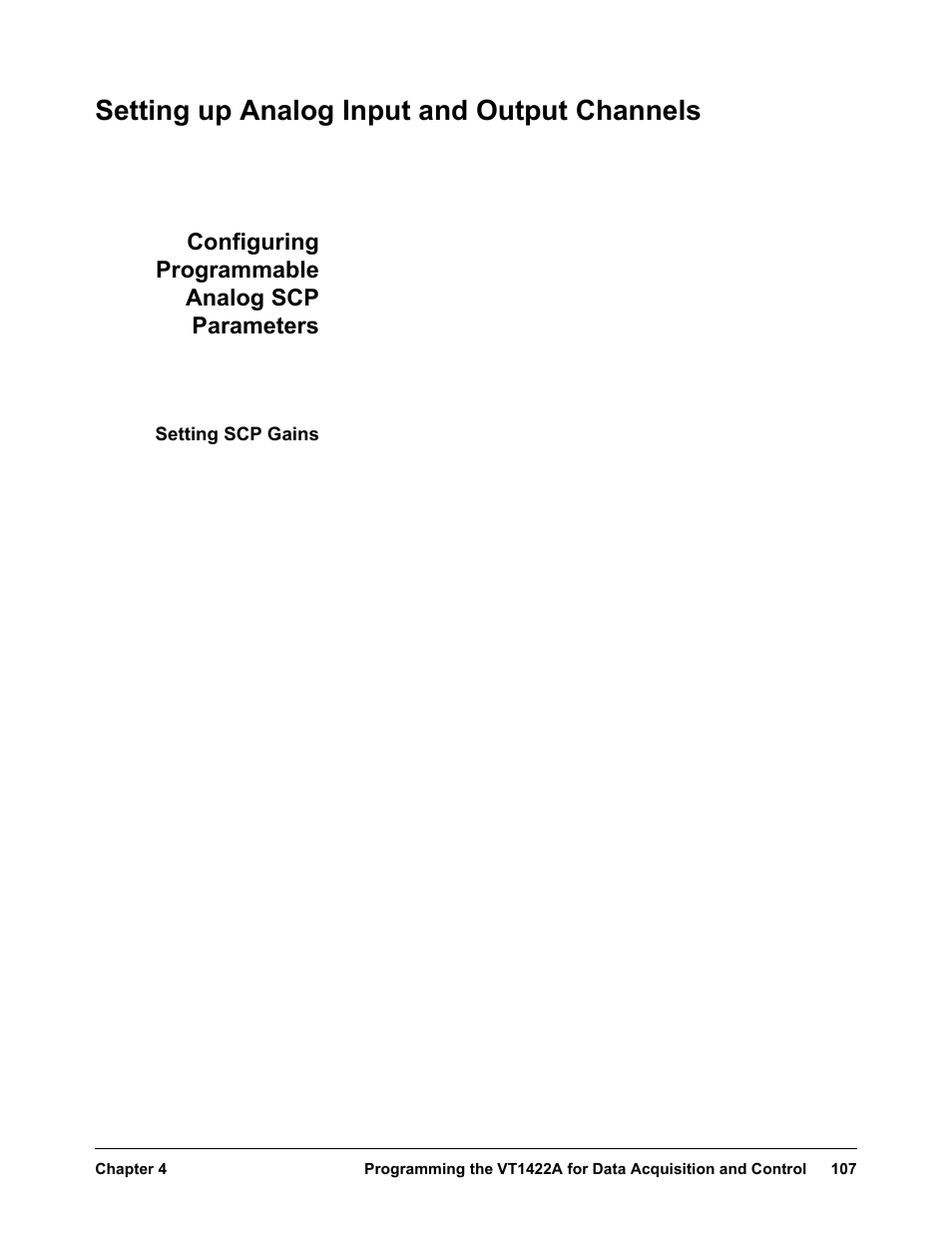 Setting up analog input and output channels, Configuring programmable analog scp parameters, Setting scp gains | VXI VT1422A User Manual | Page 109 / 529