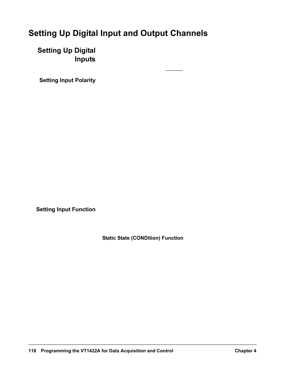 Setting up digital input and output channels, Setting up digital inputs, Setting input polarity | Setting input function | VXI VT1422A User Manual | Page 120 / 529