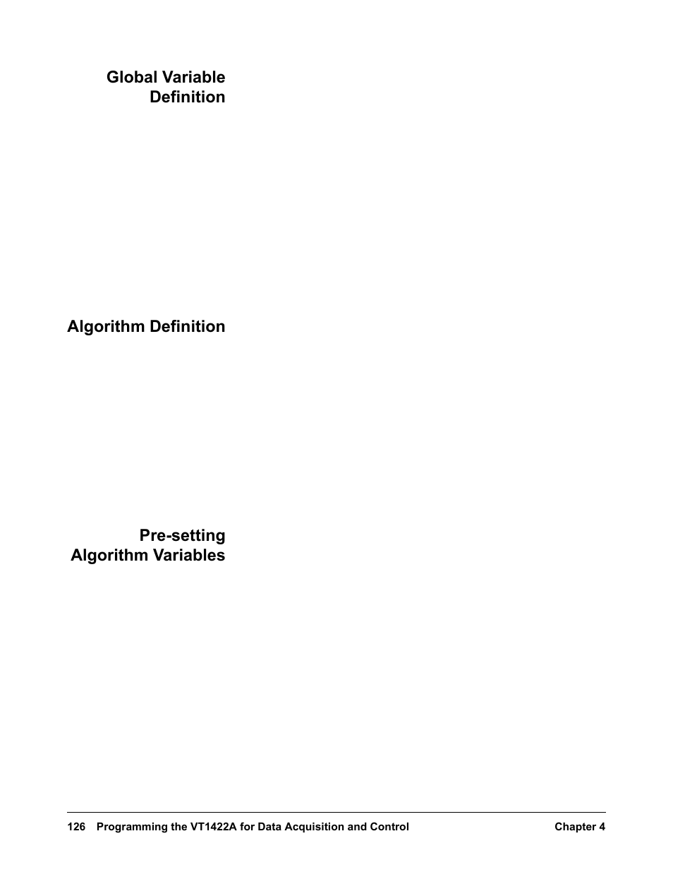 Global variable definition, Algorithm definition, Pre-setting algorithm variables | VXI VT1422A User Manual | Page 128 / 529