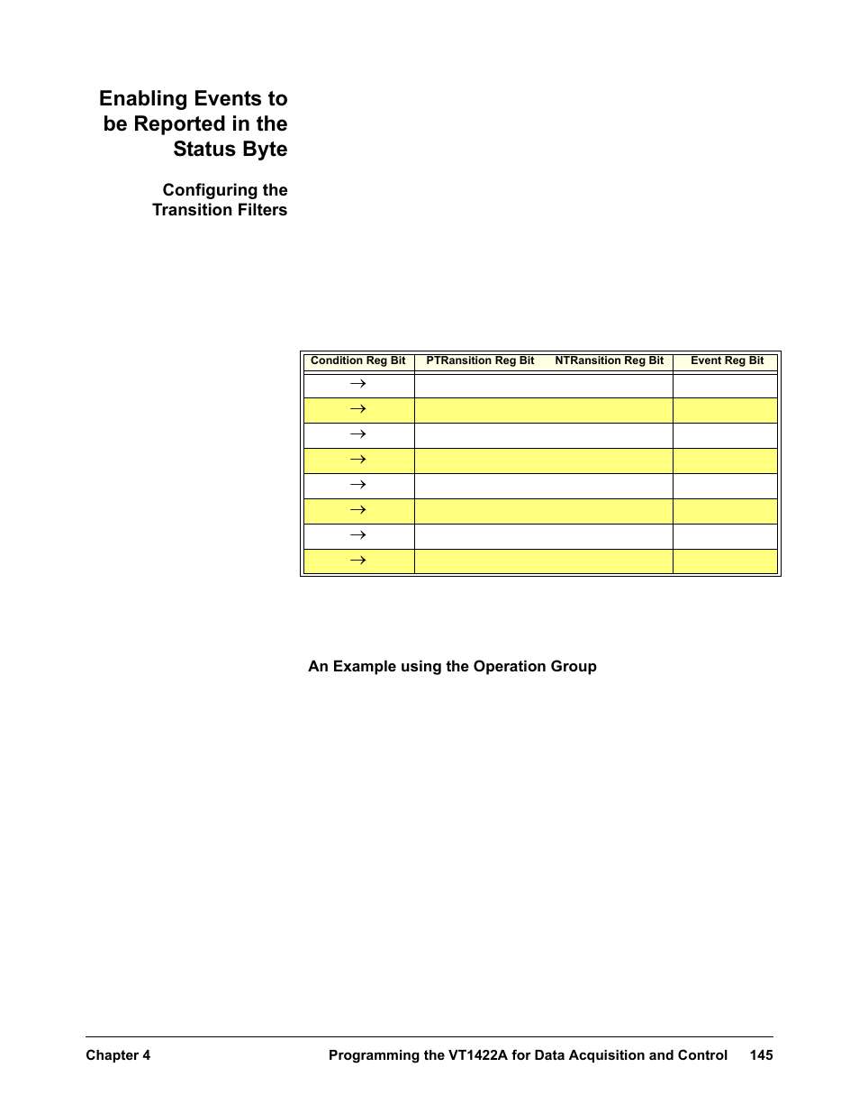 Enabling events to be reported in the status byte, Configuring the transition filters | VXI VT1422A User Manual | Page 147 / 529