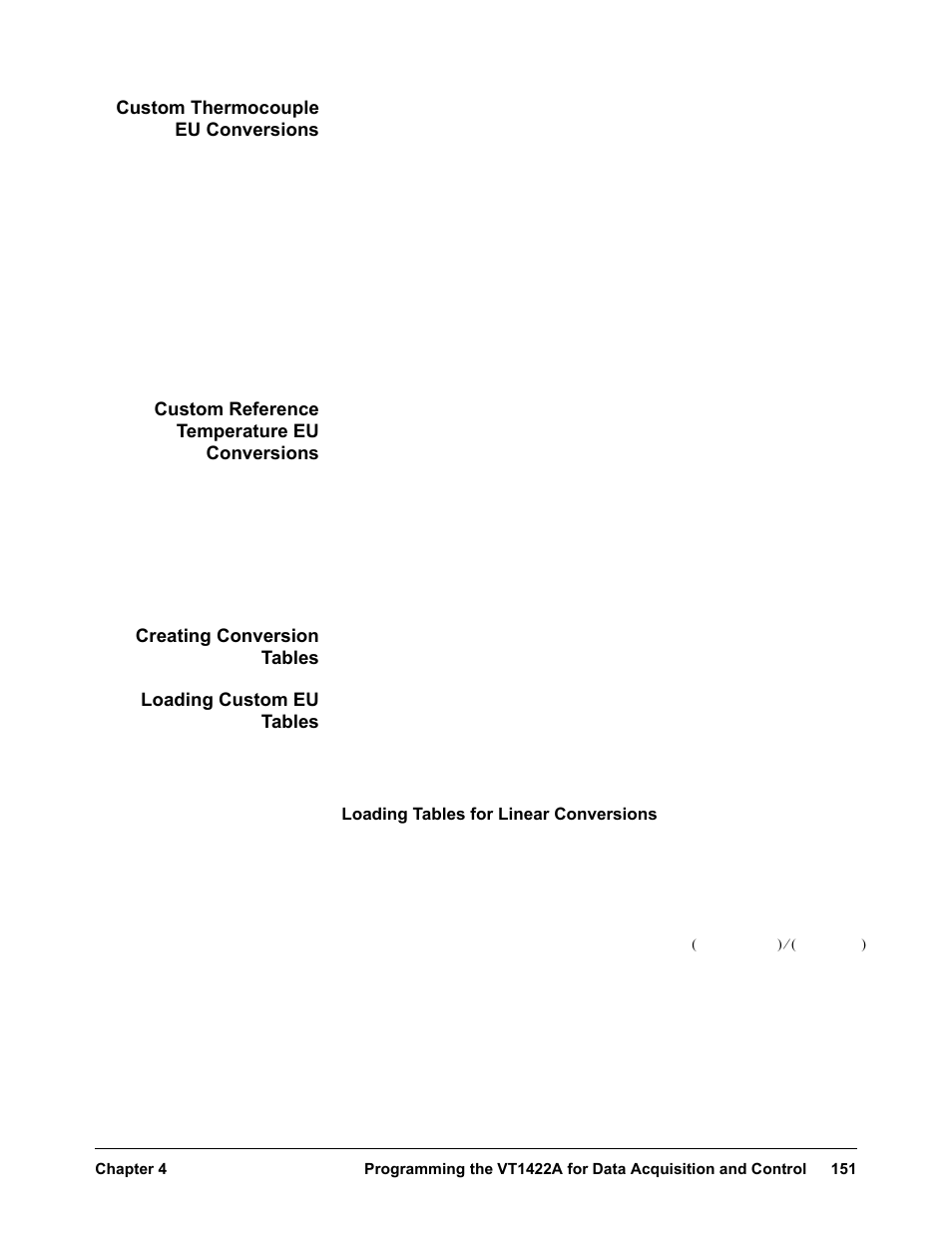 Custom thermocouple eu conversions, Custom reference temperature eu conversions, Creating conversion tables | Loading custom eu tables | VXI VT1422A User Manual | Page 153 / 529