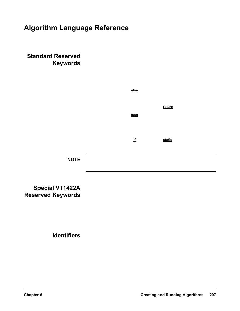 Algorithm language reference, Standard reserved keywords, Special vt1422a reserved keywords | Identifiers | VXI VT1422A User Manual | Page 209 / 529