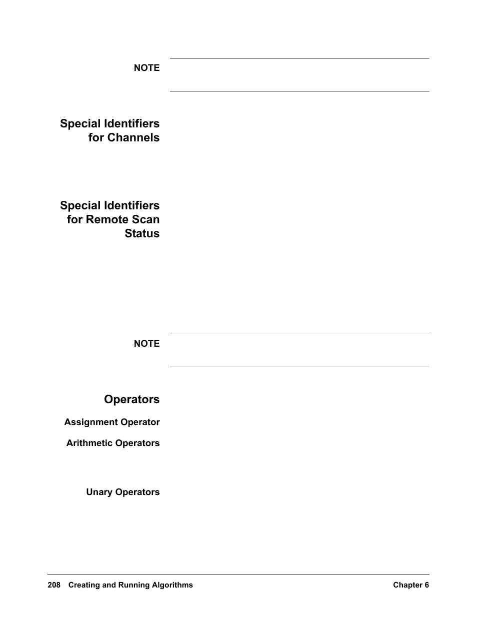 Special identifiers for channels, Special identifiers for remote scan status, Operators | Assignment operator, Arithmetic operators, Unary operators | VXI VT1422A User Manual | Page 210 / 529