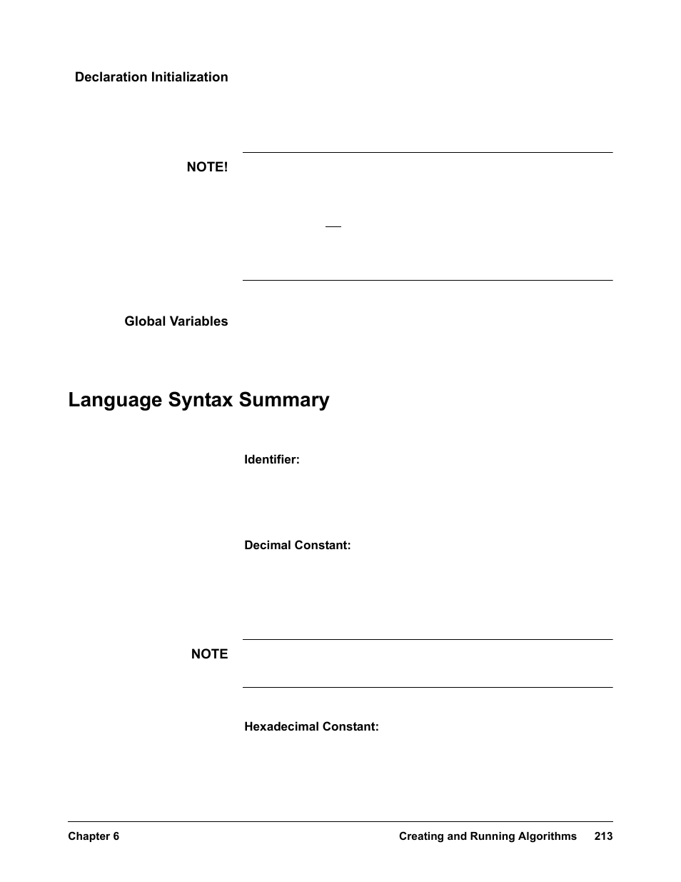 Declaration initialization, Global variables, Language syntax summary | VXI VT1422A User Manual | Page 215 / 529