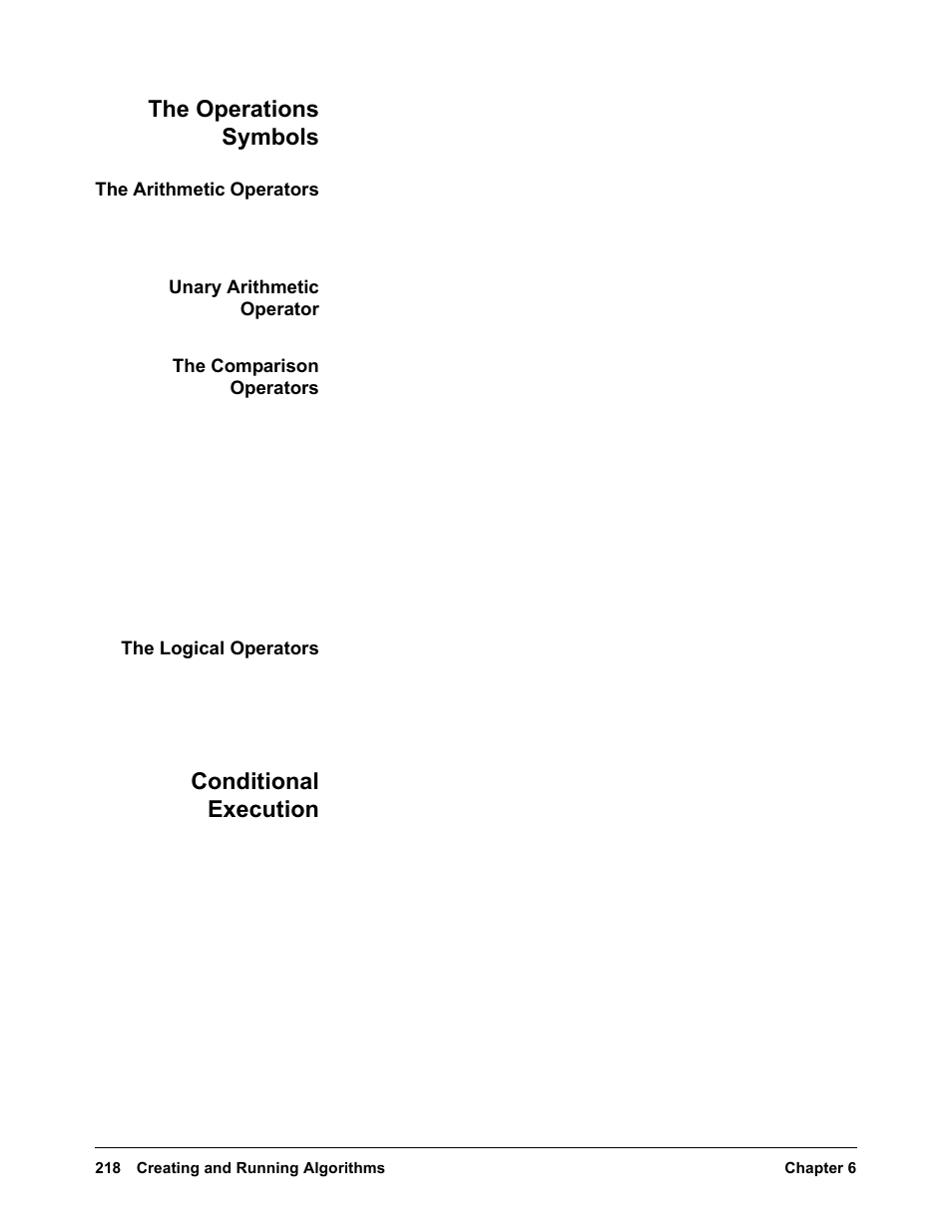 The operations symbols, The arithmetic operators, Unary arithmetic operator | The comparison operators, The logical operators, Conditional execution, The operations symbols conditional execution | VXI VT1422A User Manual | Page 220 / 529