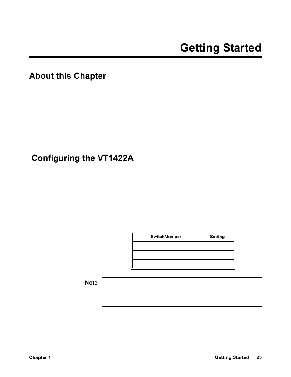 Chapter 1 getting started, About this chapter, Configuring the vt1422a | Chapter 1, Getting started | VXI VT1422A User Manual | Page 23 / 529