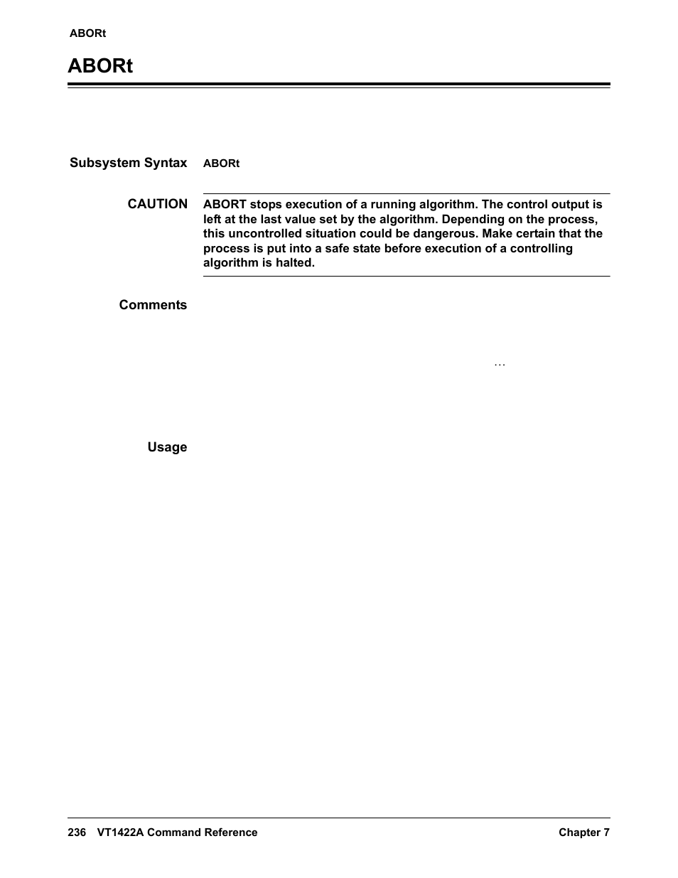 Abort, Subsystem syntax, Comments | Usage | VXI VT1422A User Manual | Page 238 / 529