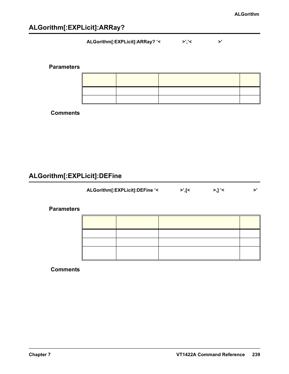 Algorithm[:explicit]:array, Parameters, Comments | Algorithm[:explicit]:define | VXI VT1422A User Manual | Page 241 / 529