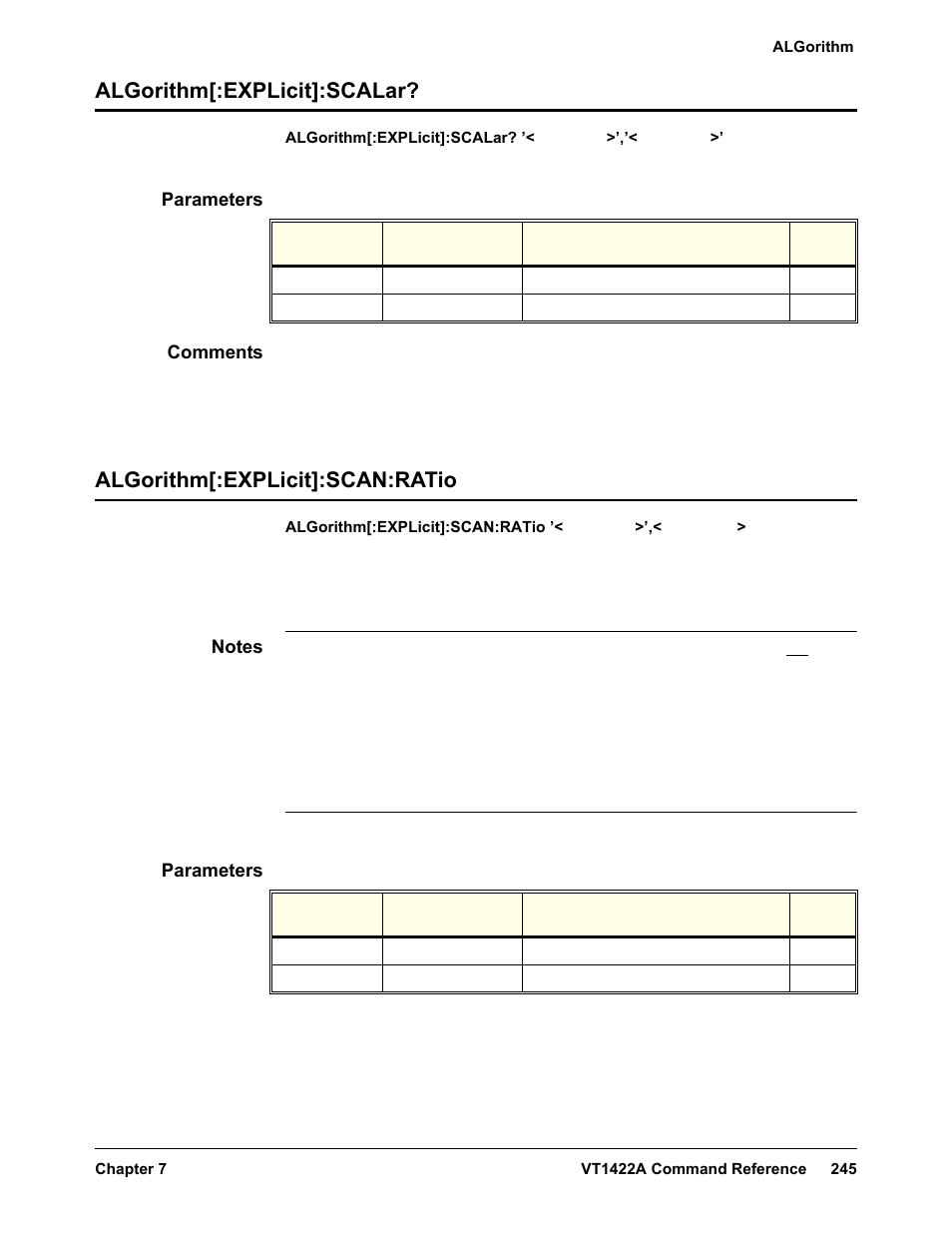 Algorithm[:explicit]:scalar, Parameters, Comments | Algorithm[:explicit]:scan:ratio | VXI VT1422A User Manual | Page 247 / 529