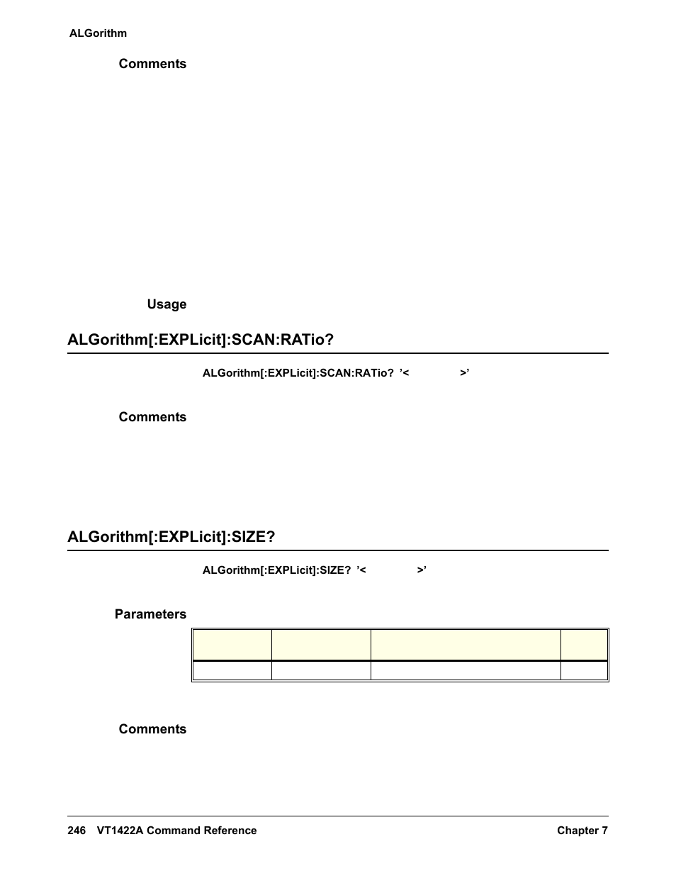 Comments, Usage, Algorithm[:explicit]:scan:ratio | Algorithm[:explicit]:size, Parameters | VXI VT1422A User Manual | Page 248 / 529