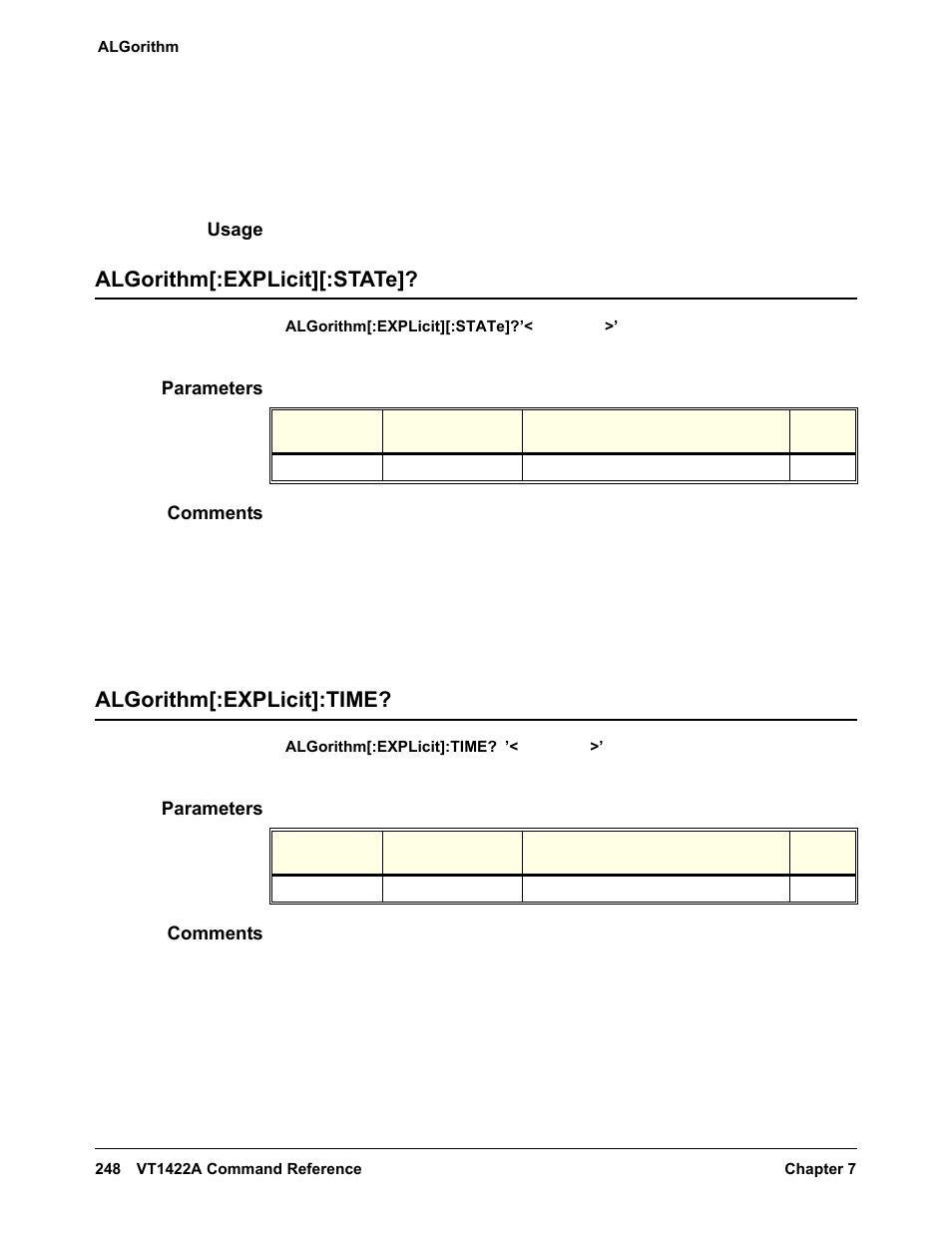 Usage, Algorithm[:explicit][:state, Parameters | Comments, Algorithm[:explicit]:time | VXI VT1422A User Manual | Page 250 / 529
