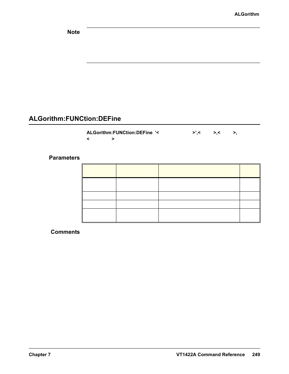 Algorithm:function:define, Parameters, Comments | VXI VT1422A User Manual | Page 251 / 529