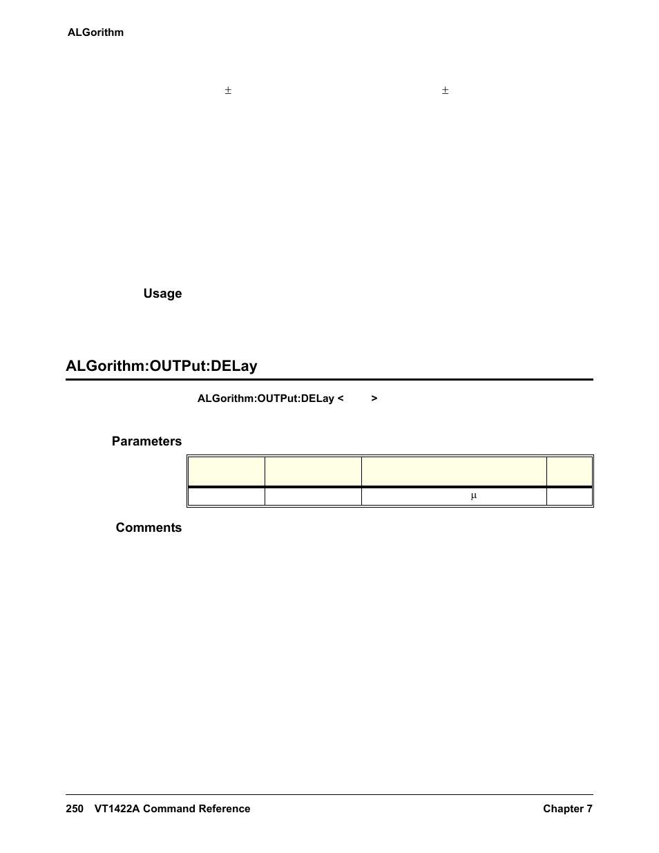 Usage, Algorithm:output:delay, Parameters | Comments | VXI VT1422A User Manual | Page 252 / 529