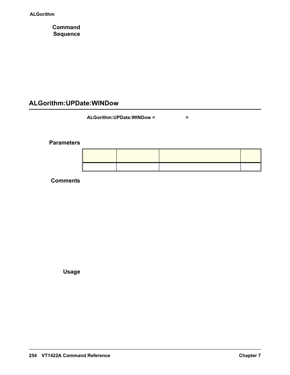 Command sequence, Algorithm:update:window, Parameters | Comments, Usage | VXI VT1422A User Manual | Page 256 / 529