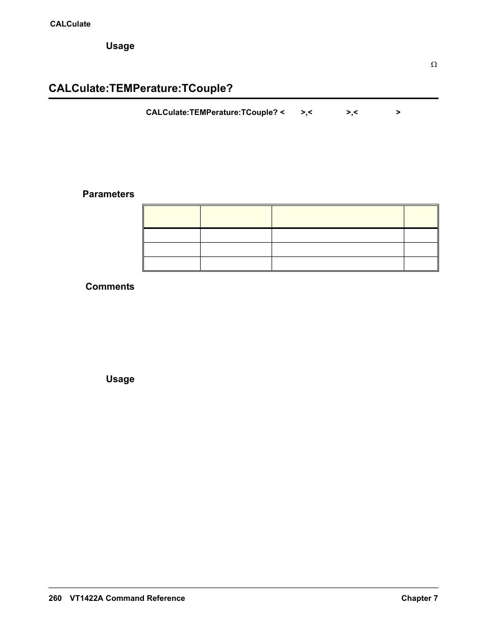 Usage, Calculate:temperature:tcouple, Parameters | Comments | VXI VT1422A User Manual | Page 262 / 529