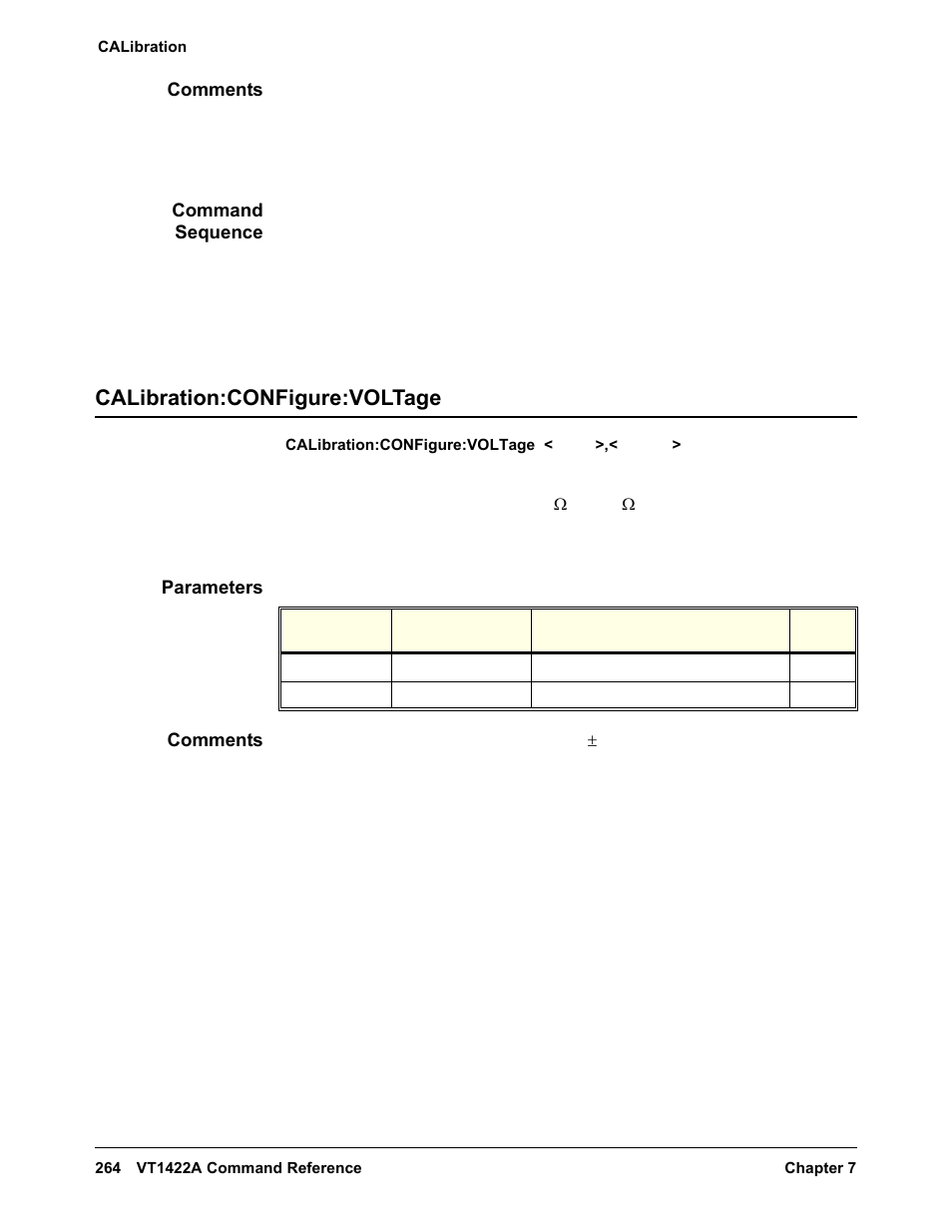 Comments, Command sequence, Calibration:configure:voltage | Parameters | VXI VT1422A User Manual | Page 266 / 529