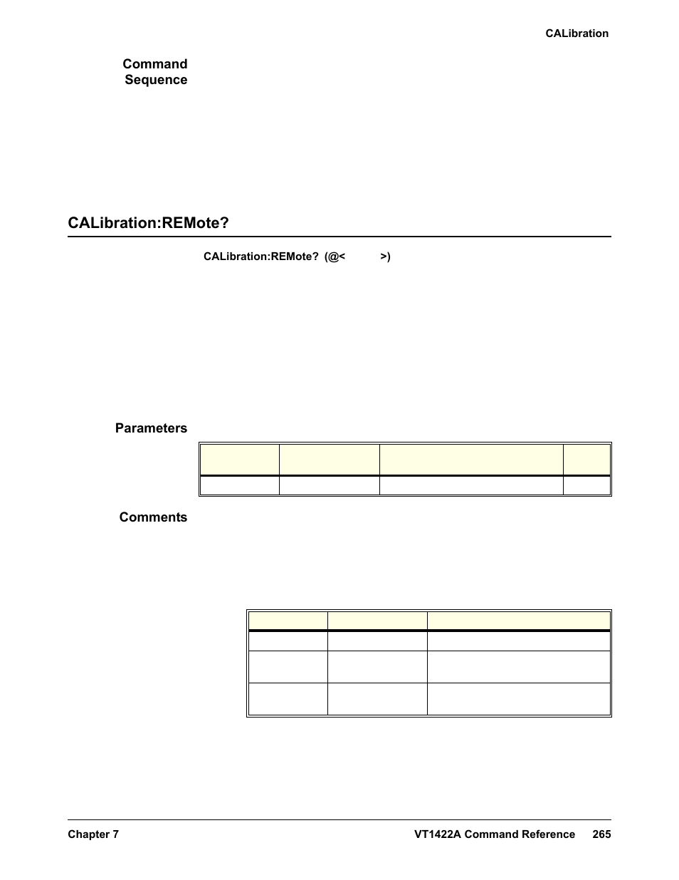 Command sequence, Calibration:remote, Parameters | Comments | VXI VT1422A User Manual | Page 267 / 529