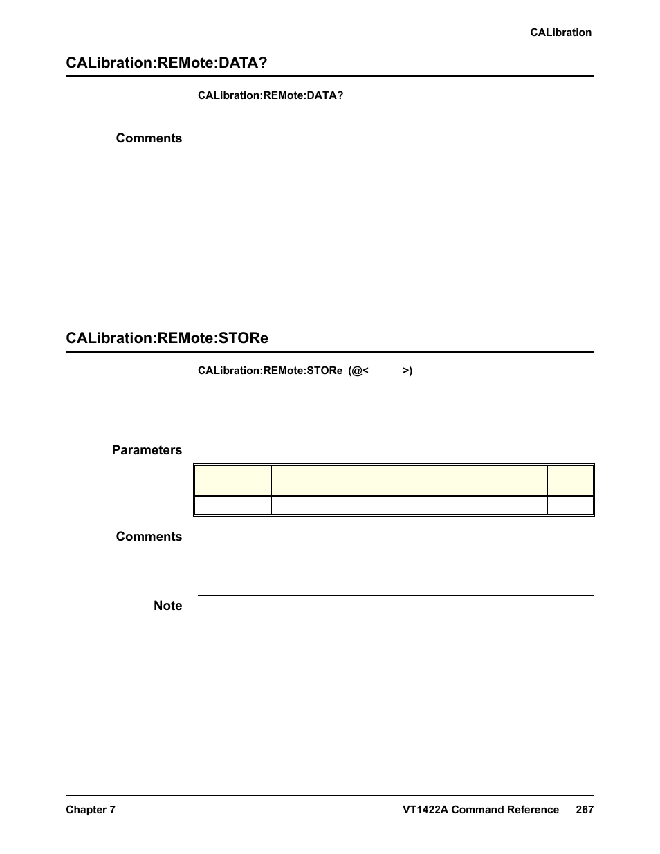 Calibration:remote:data, Comments, Calibration:remote:store | Parameters, Calibration:remote:data? calibration:remote:store | VXI VT1422A User Manual | Page 269 / 529