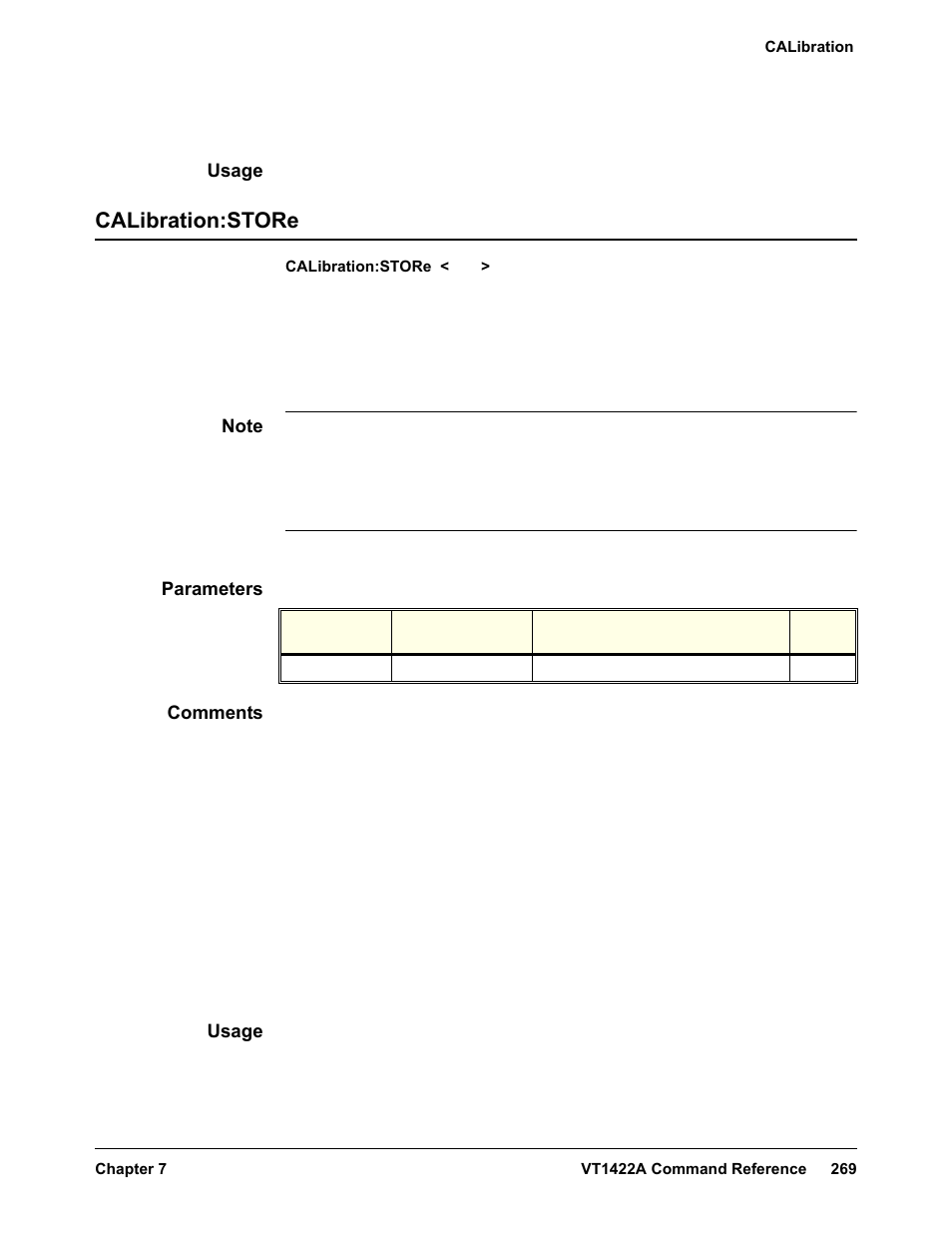 Usage, Calibration:store, Parameters | Comments | VXI VT1422A User Manual | Page 271 / 529