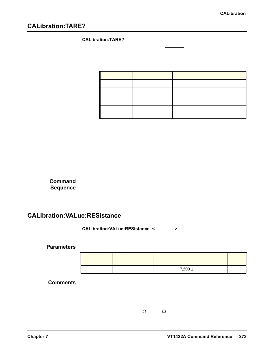 Calibration:tare, Command sequence, Calibration:value:resistance | Parameters, Comments, Calibration:tare? calibration:value:resistance | VXI VT1422A User Manual | Page 275 / 529