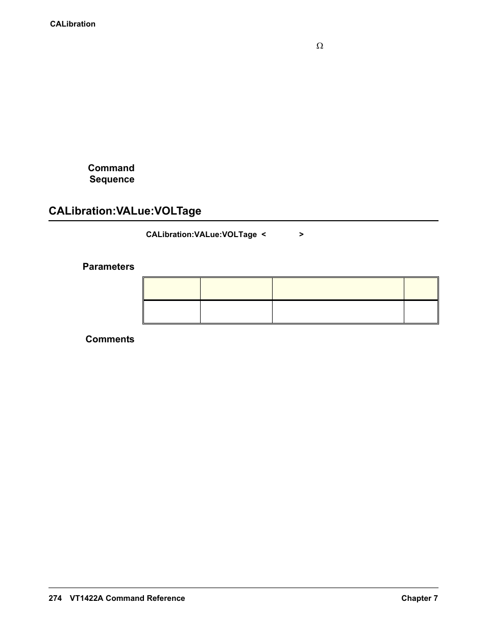 Command sequence, Calibration:value:voltage, Parameters | Comments | VXI VT1422A User Manual | Page 276 / 529