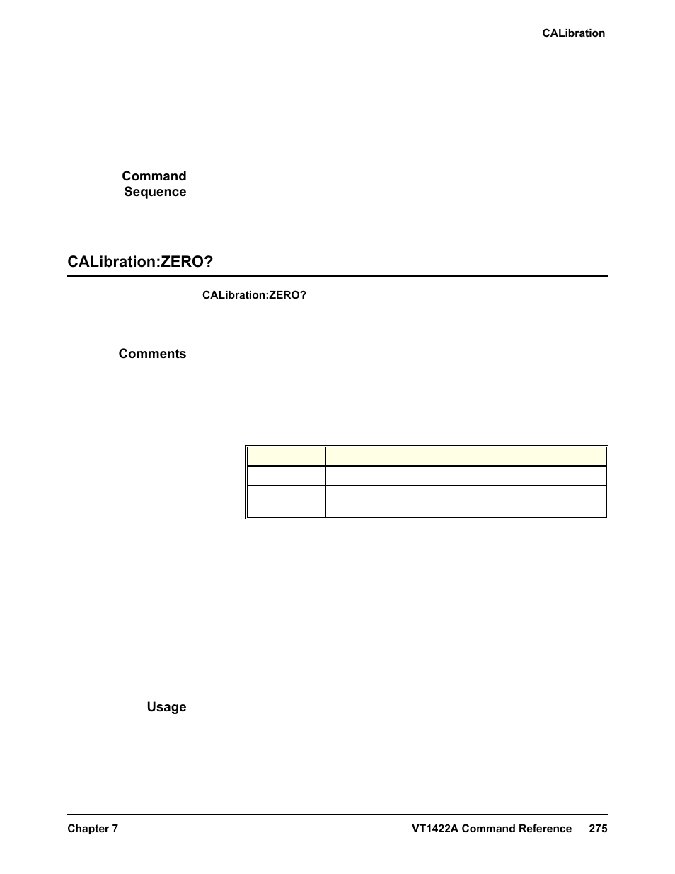 Command sequence, Calibration:zero, Comments | Usage | VXI VT1422A User Manual | Page 277 / 529