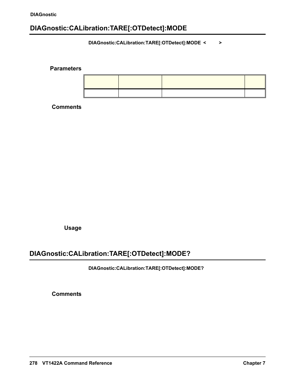 Diagnostic:calibration:tare[:otdetect]:mode, Parameters, Comments | Usage | VXI VT1422A User Manual | Page 280 / 529