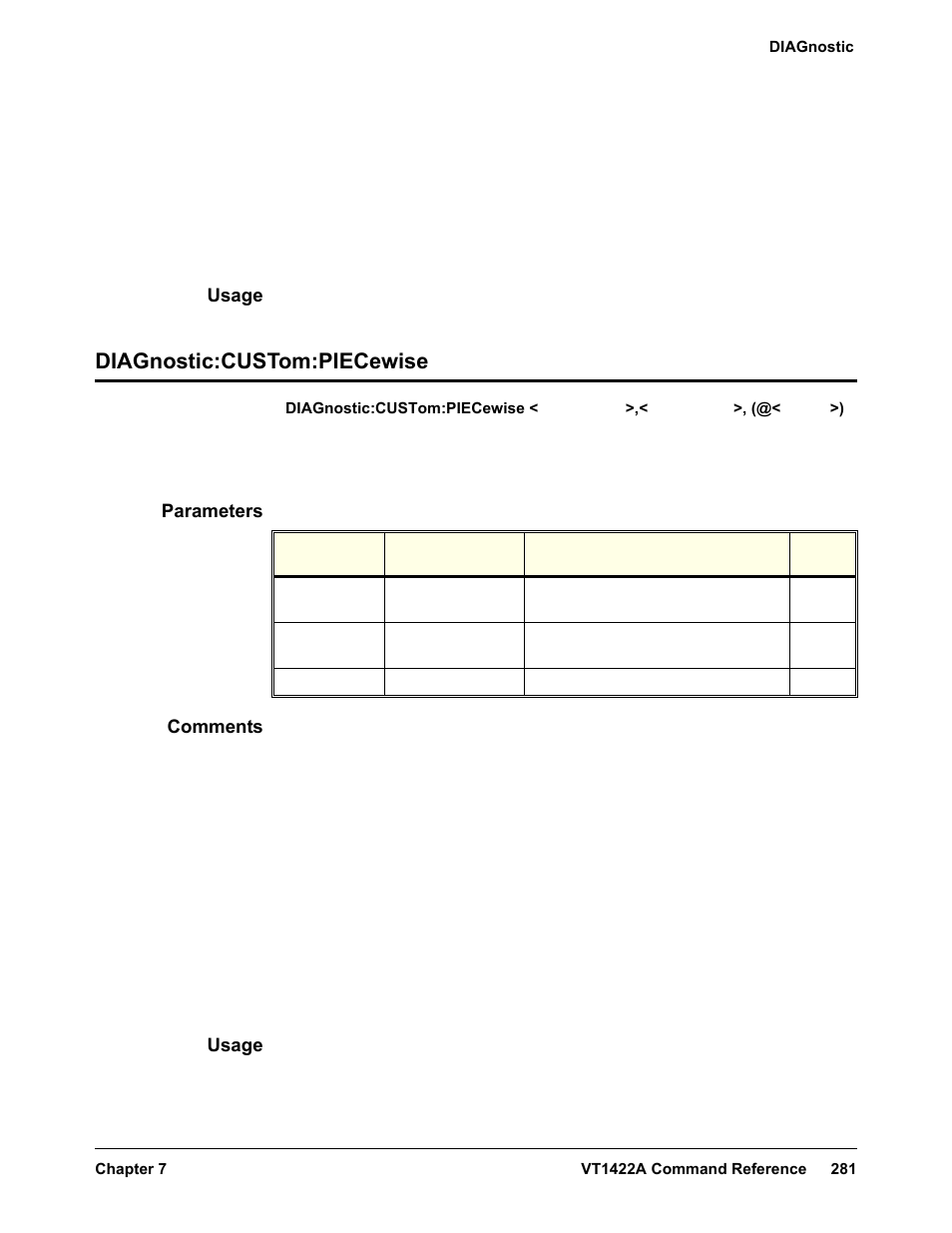 Usage, Diagnostic:custom:piecewise, Parameters | Comments | VXI VT1422A User Manual | Page 283 / 529