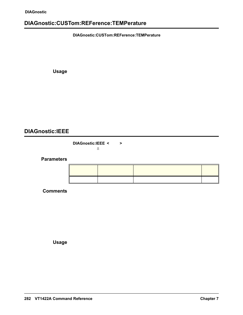 Diagnostic:custom:reference:temperature, Usage, Diagnostic:ieee | Parameters, Comments | VXI VT1422A User Manual | Page 284 / 529