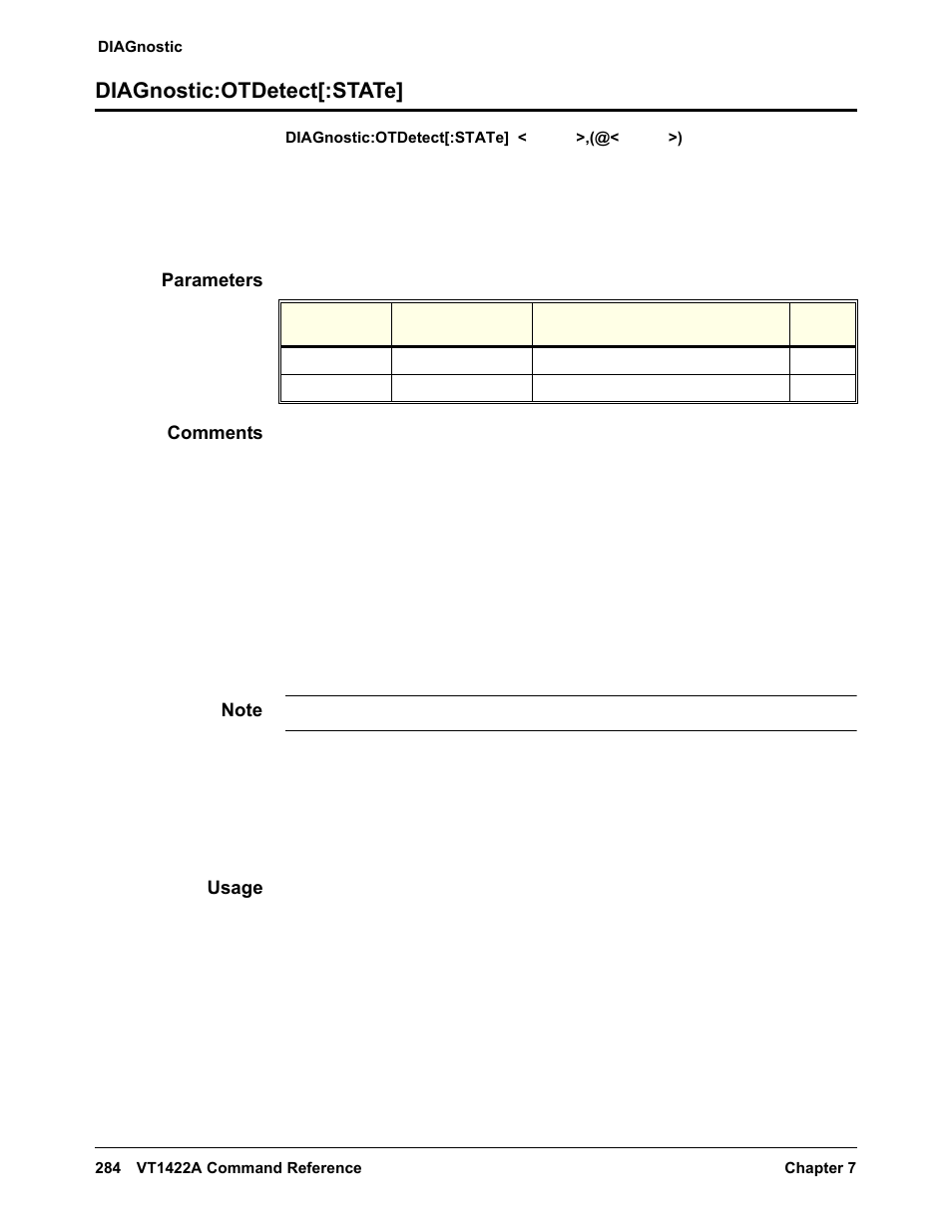 Diagnostic:otdetect[:state, Parameters, Comments | Usage | VXI VT1422A User Manual | Page 286 / 529