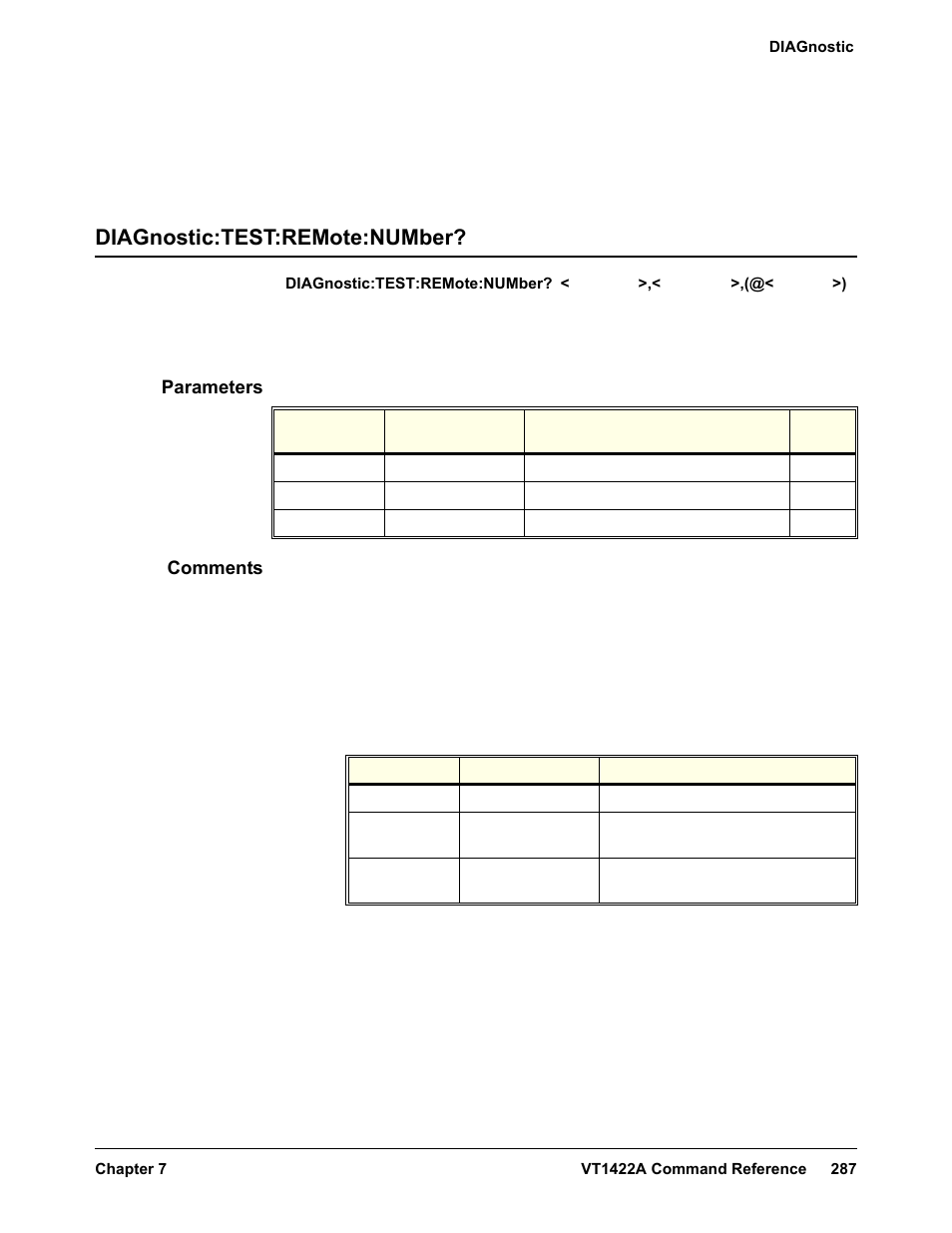 Diagnostic:test:remote:number, Parameters, Comments | VXI VT1422A User Manual | Page 289 / 529