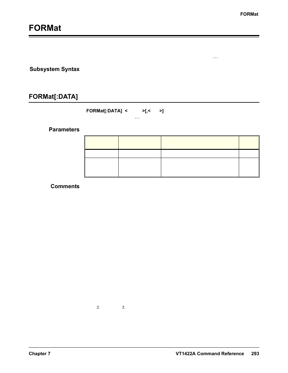 Format, Subsystem syntax, Format[:data | Parameters, Comments | VXI VT1422A User Manual | Page 295 / 529