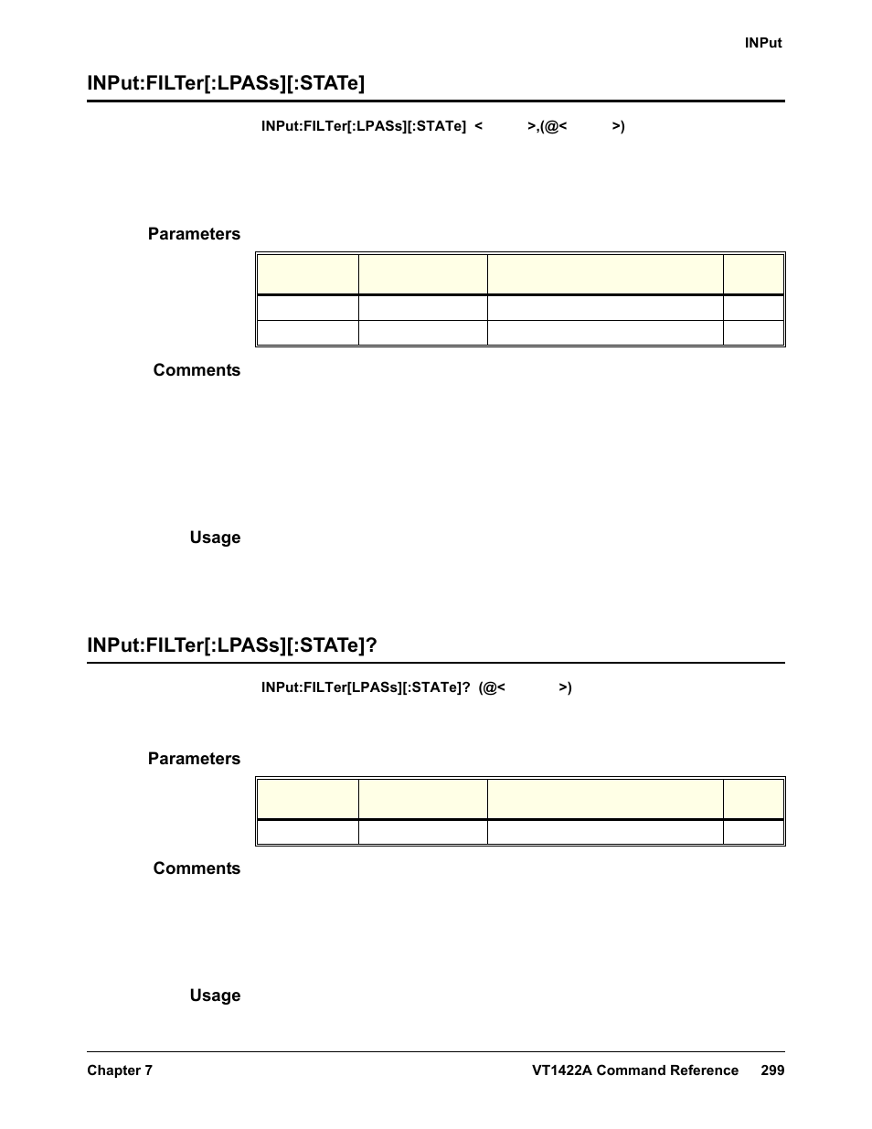 Input:filter[:lpass][:state, Parameters, Comments | Usage | VXI VT1422A User Manual | Page 301 / 529