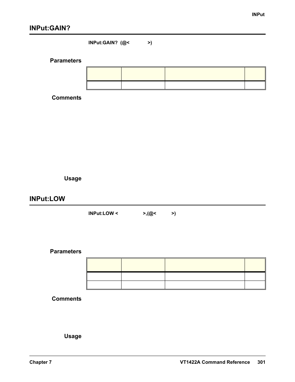 Input:gain, Parameters, Comments | Usage, Input:low, Input:gain? input:low | VXI VT1422A User Manual | Page 303 / 529