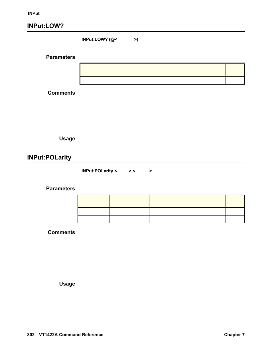 Input:low, Parameters, Comments | Usage, Input:polarity, Input:low? input:polarity | VXI VT1422A User Manual | Page 304 / 529