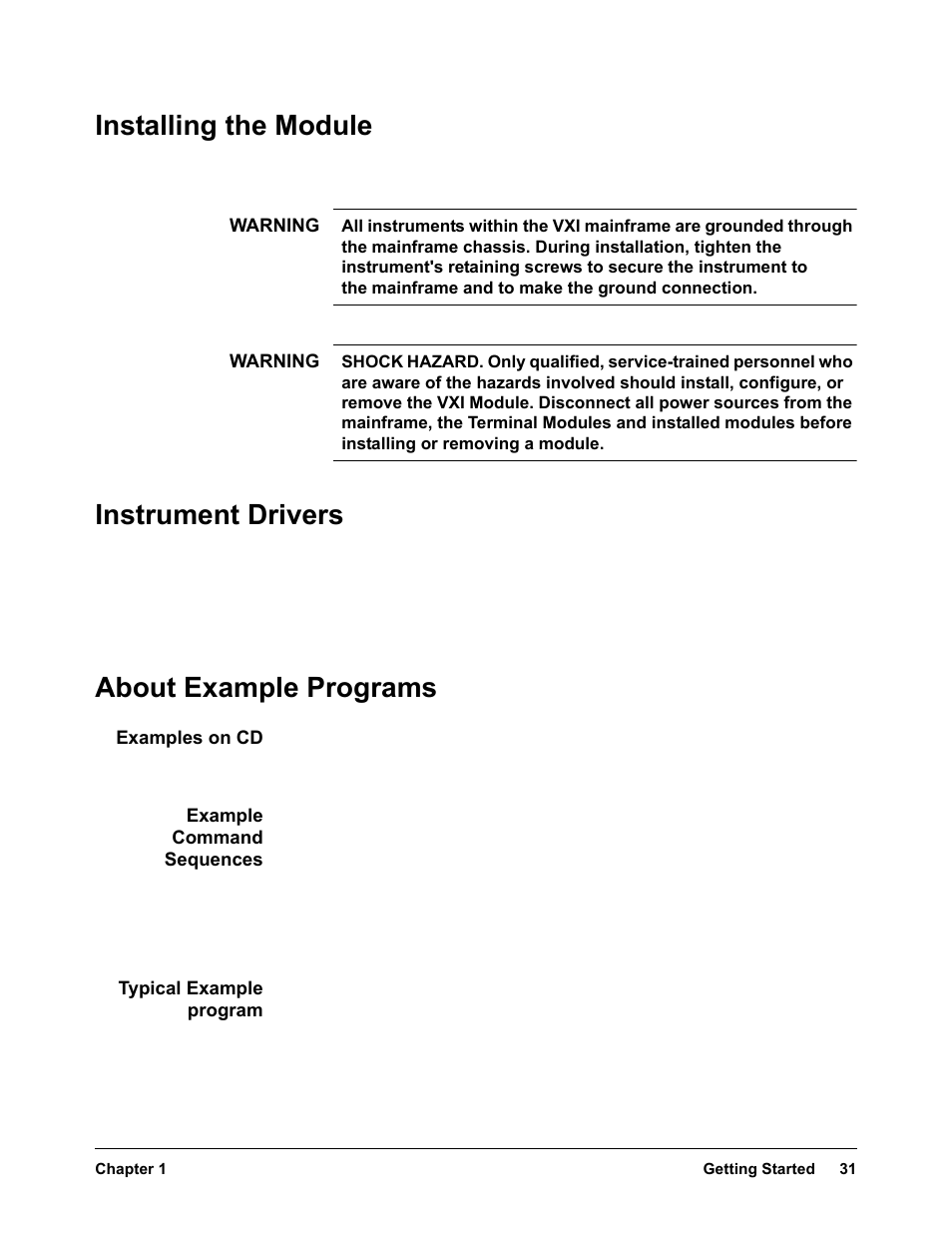 Installing the module, Instrument drivers, About example programs | Examples on cd, Example command sequences, Typical example program | VXI VT1422A User Manual | Page 31 / 529